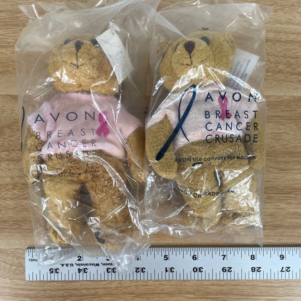 Avon Breast Cancer Crusade Bear Plush Set of 2 Pink Ribbon 2003 New Sealed 8"